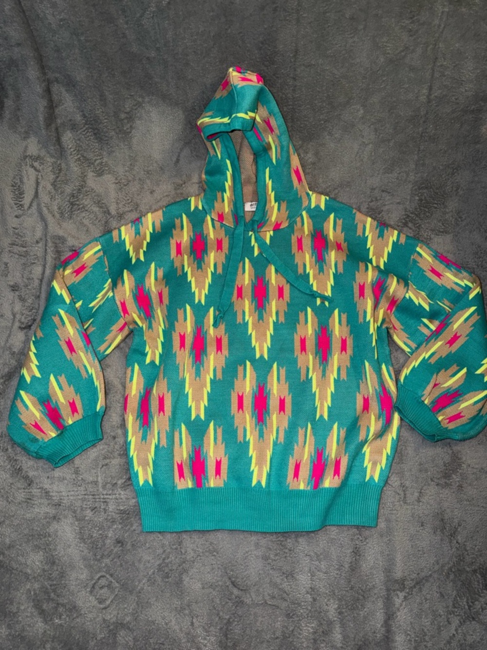 Crazy Train Womens Teal Aztec Geometric Pattern Knit Sweater Hoodie Boho XL